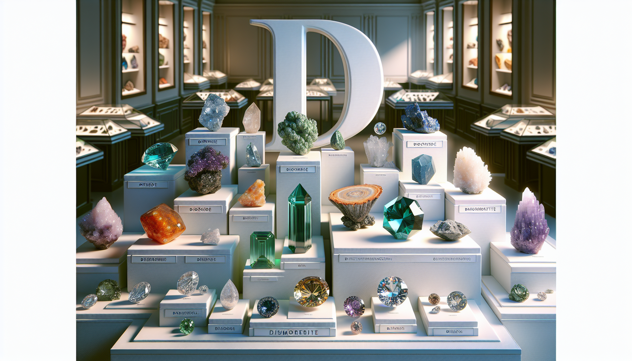 Crée une composition réaliste de pierres en D, chaque pierre étant étiquetée en police élégante.